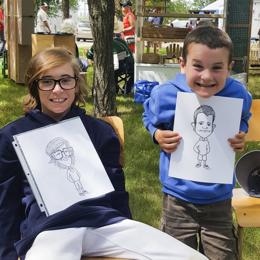 two young brothers with matching caricatures