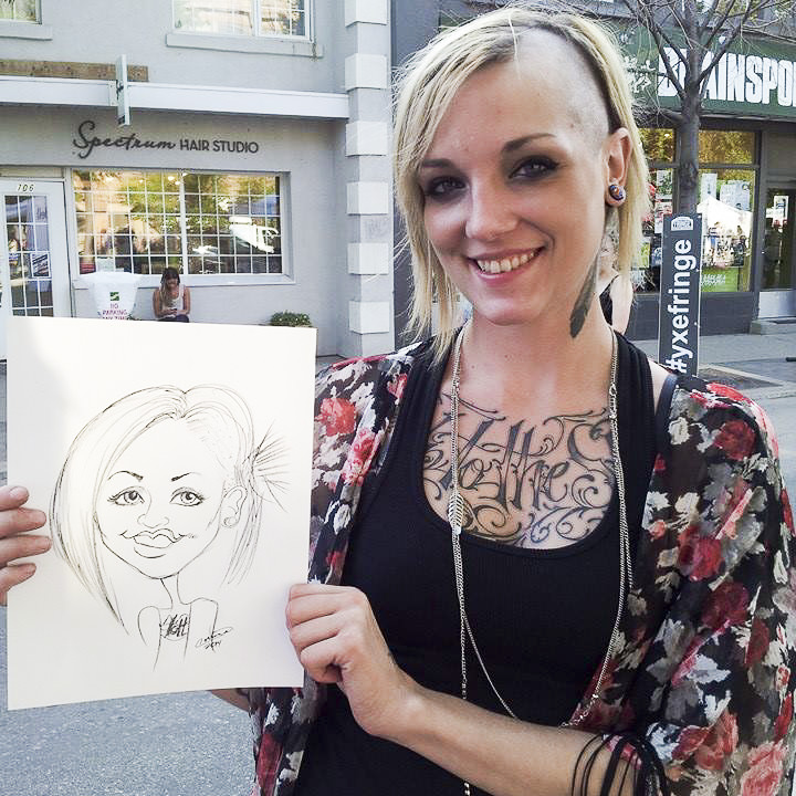 smiling young woman with caricature