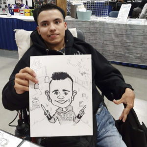 Satisfied customer with caricature of himself