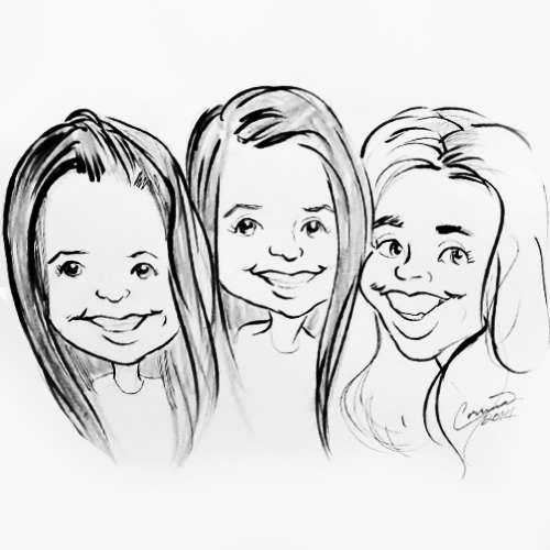 Three elementary school aged girlfriends custom caricature