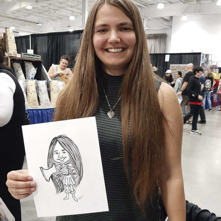Woman smiling with a caricature of her as a superhero